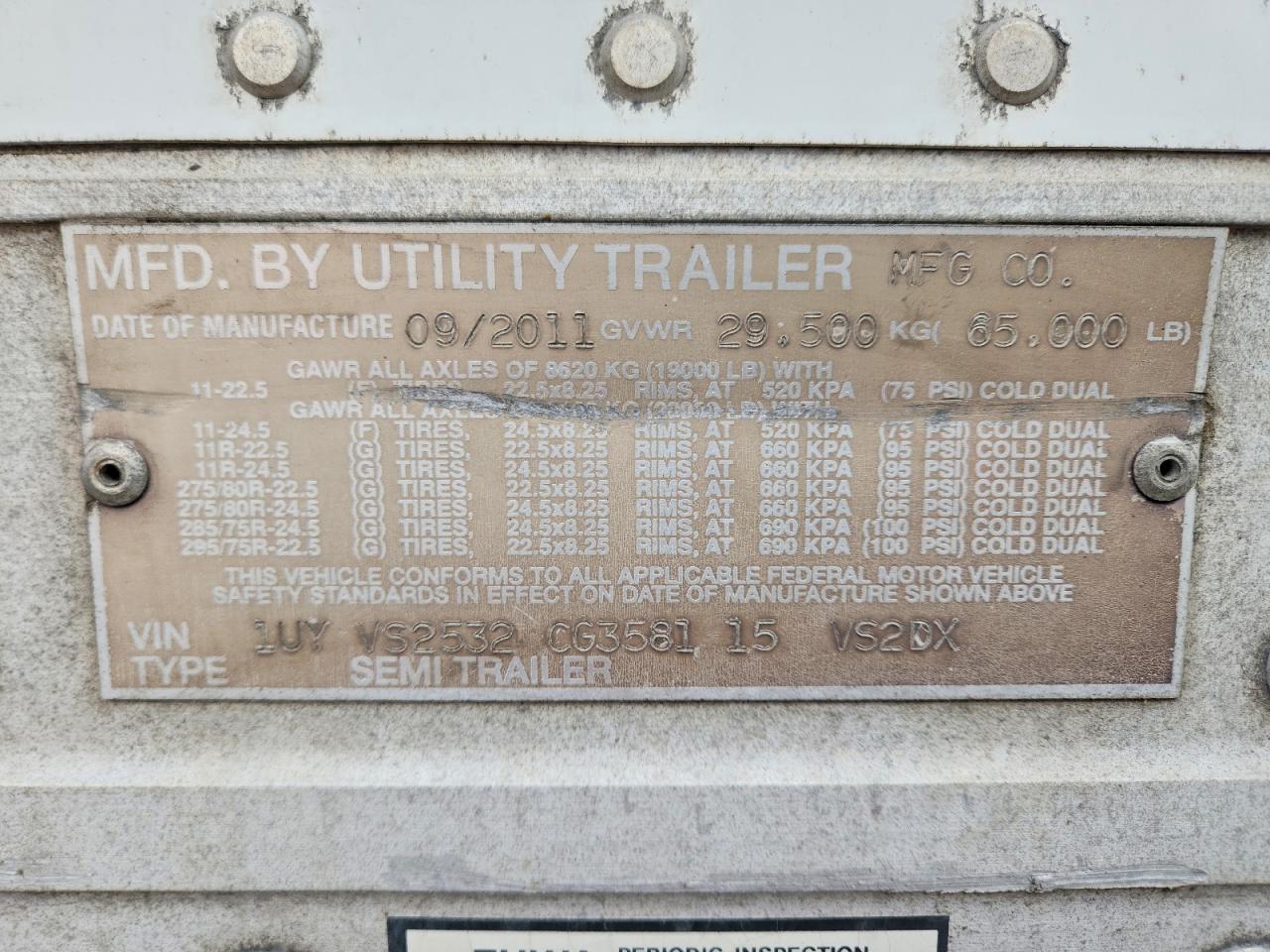 2012 Utility trailer VIN 1UYVS2532CG358115 COPART salvage auction — Top/Roof, ME - CERTIFICATE OF TITLE, sold $1,150 on 2026-08-04 (photo 8)