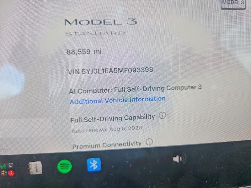 2021 Tesla Model 3 VIN 5YJ3E1EA5MF093398 COPART salvage auction — FRONT END, TX - SALVAGE VEHICLE TITLE, sold $6,200 on 2026-08-31 (photo 9)