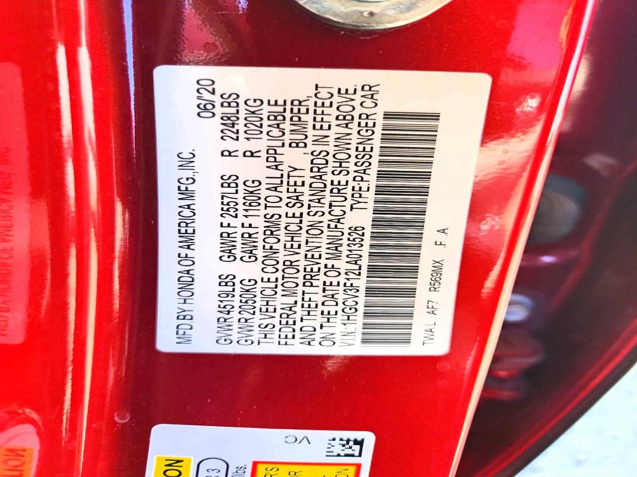 2020 Honda Accord VIN 1HGCV3F12LA013526 COPART salvage auction — MINOR DENT/SCRATCHES, Ca - Cert Of Title-Salvaged, sold $7,900 on 2026-07-20 (photo 5)