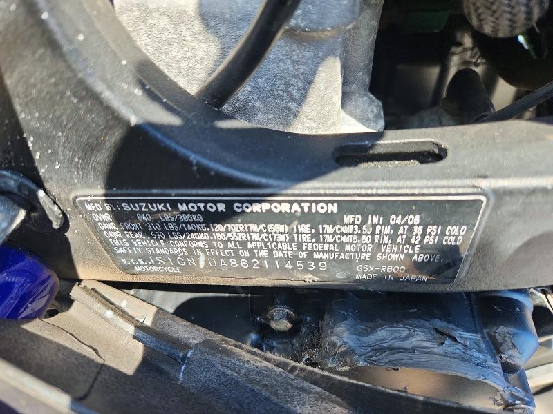 2006 Suzuki Gsx-r600 VIN JS1GN7DA862114539 COPART salvage auction — FRONT END, FL - CERT OF TITLE SLVG REBUILDABLE, sold $1,300 on 2026-07-23 (photo 8)