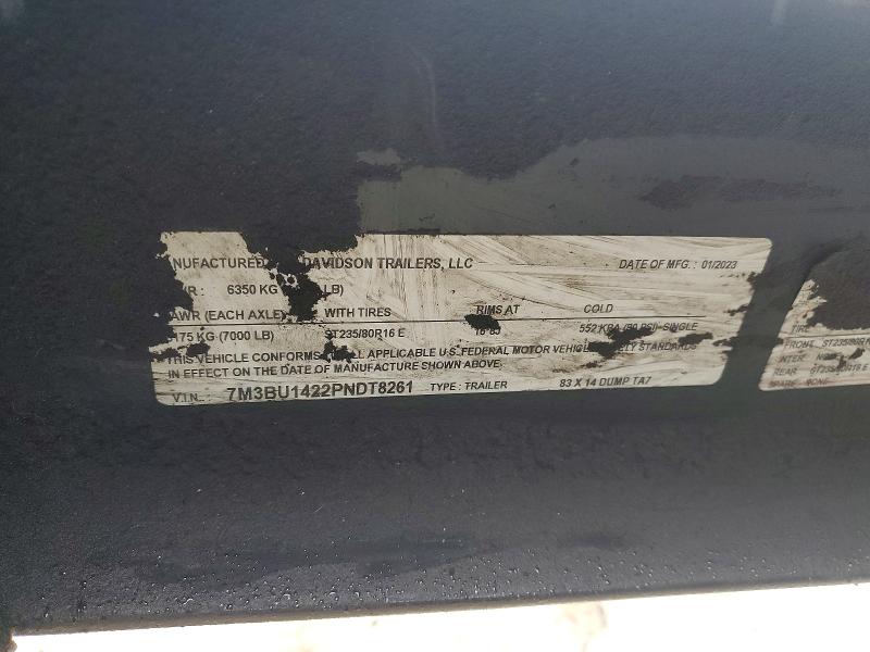 2023 Davidson Trailers VIN 7M3BU1422PNDT8261 COPART salvage auction — MINOR DENT/SCRATCHES, TX - CERTIFICATE OF TITLE, sold $2,500 on 2026-08-12 (photo 8)