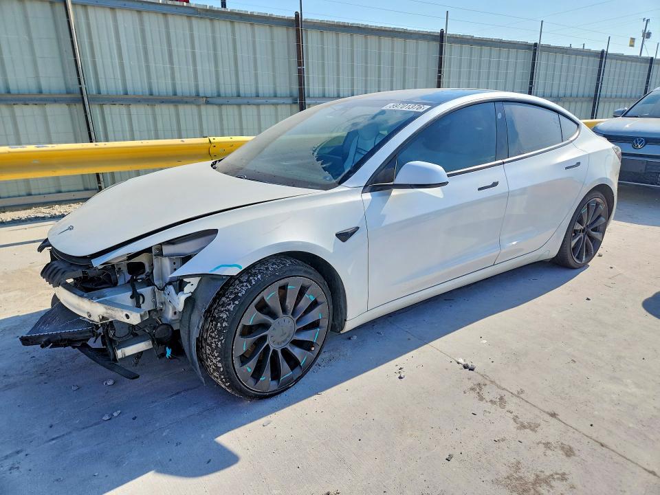 2021 Tesla VIN 5YJ3E1EC3MF973341 COPART salvage auction — FRONT END, TX - SALVAGE VEHICLE TITLE (P), sold $5,700 on 2026-07-31 (photo 1)