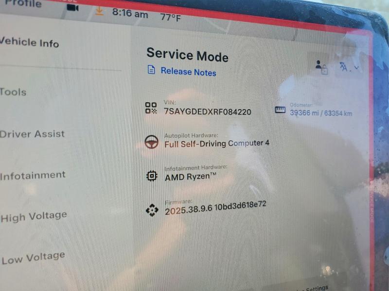 2024 Tesla Model y VIN 7SAYGDEDXRF084220 COPART salvage auction — FRONT END, Nj - Cert Of Title-Salvage, sold $13,500 on 2026-07-13 (photo 9)