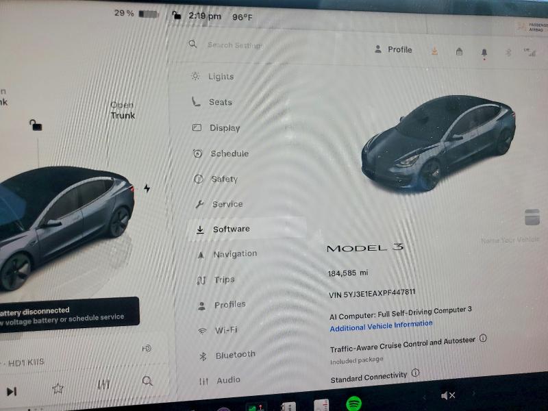 2023 Tesla Model 3 VIN 5YJ3E1EAXPF447811 COPART salvage auction — FRONT END, CA - CERTIFICATE OF TITLE, sold $4,600 on 2026-07-20 (photo 9)