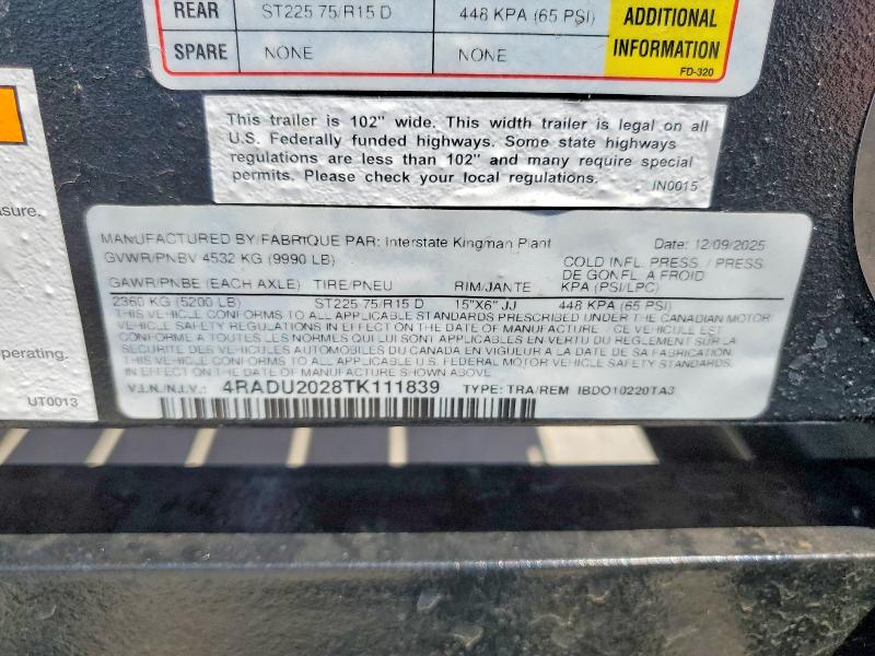 2026 Interstate Unknown VIN 4RADU2028TK111839 COPART salvage auction — NORMAL WEAR, TN - DIS/DLR/EXP ONLY CLEAN TITLE (P), sold $1,400 on 2026-10-07 (photo 8)