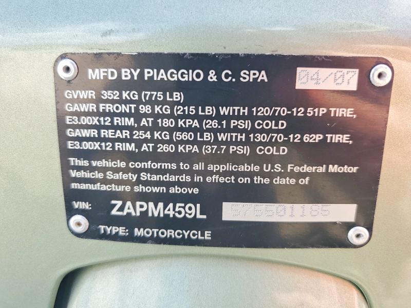 2007 Vespa 250cc VIN ZAPM459L575501185 COPART salvage auction — MINOR DENT/SCRATCHES, Va - Certificate Of Title, sold $475 on 2026-07-31 (photo 9)