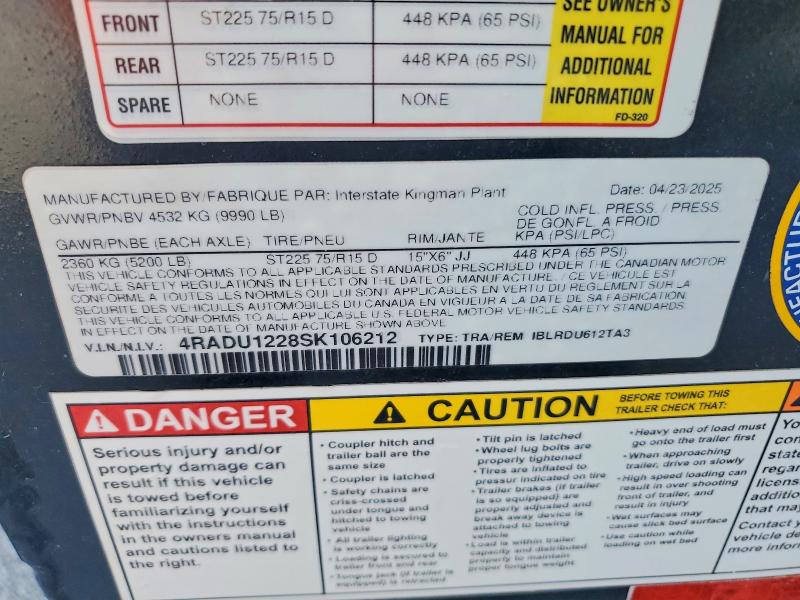 2025 Interstate Unknown VIN 4RADU1228SK106212 COPART salvage auction — MINOR DENT/SCRATCHES, TN - CERTIFICATE OF TITLE (P), sold $3,600 on 2026-09-04 (photo 8)