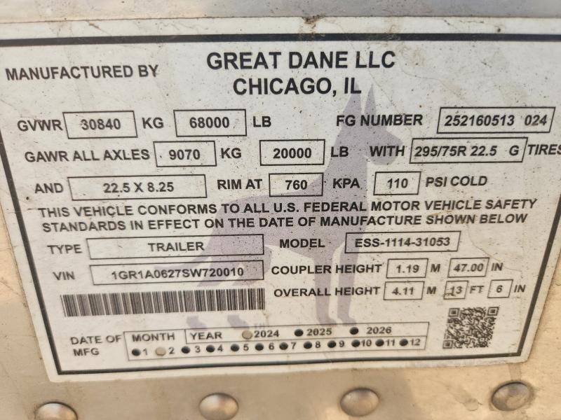 2025 Great dane Unknown VIN 1GR1A0627SW720010 COPART salvage auction — FRONT END, NE - CERT OF TITLE-SALVAGE, sold $16,900 on 2026-09-17 (photo 8)