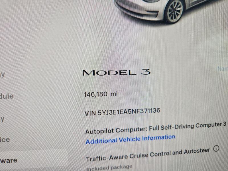 2022 Tesla Model 3 VIN 5YJ3E1EA5NF371136 COPART salvage auction — REAR END, KY - CERTIFICATE OF TITLE, sold $7,600 on 2026-07-27 (photo 9)
