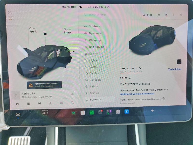 2021 Tesla Model y VIN 5YJYGDEF9MF089156 COPART salvage auction — FRONT END, FL - CERTIFICATE OF TITLE (P), sold $7,100 on 2026-07-31 (photo 9)