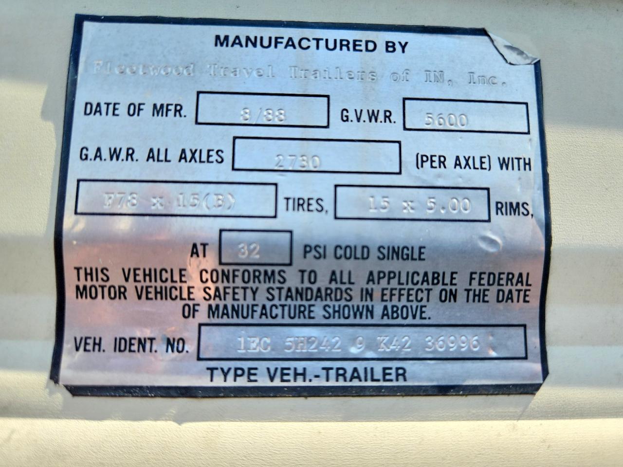1989 Fleetwood All models VIN 1EC5H2429K4236996 COPART salvage auction — Water/Flood, OH - CERT OF TITLE-SALVAGE FLOOD, sold $50 on 2026-09-03 (photo 8)
