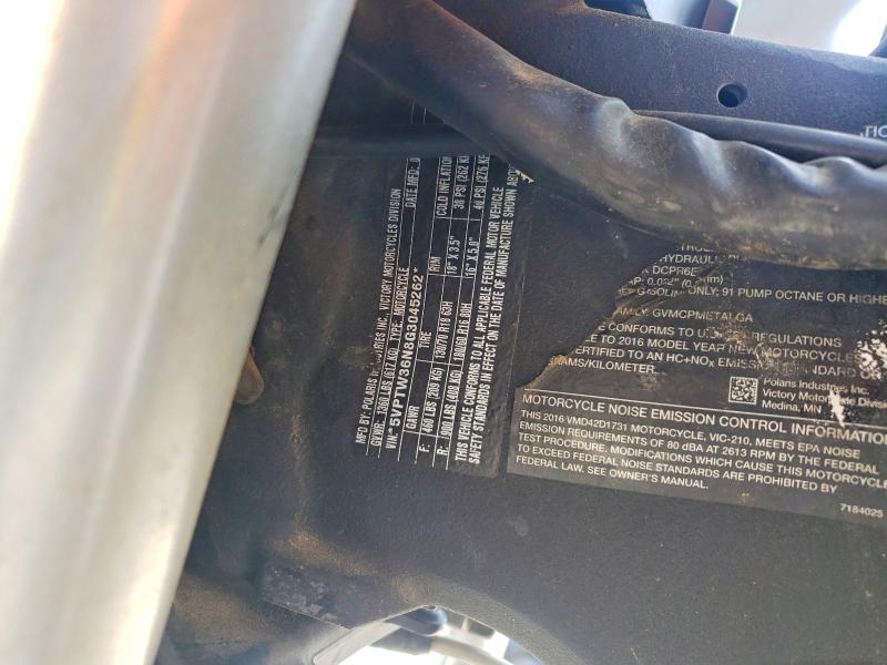 2016 Victory Cross country VIN 5VPTW36N8G3045262 COPART salvage auction — NORMAL WEAR, Nc - Dealer Only Clean Title, sold $2,200 on 2026-07-14 (photo 9)