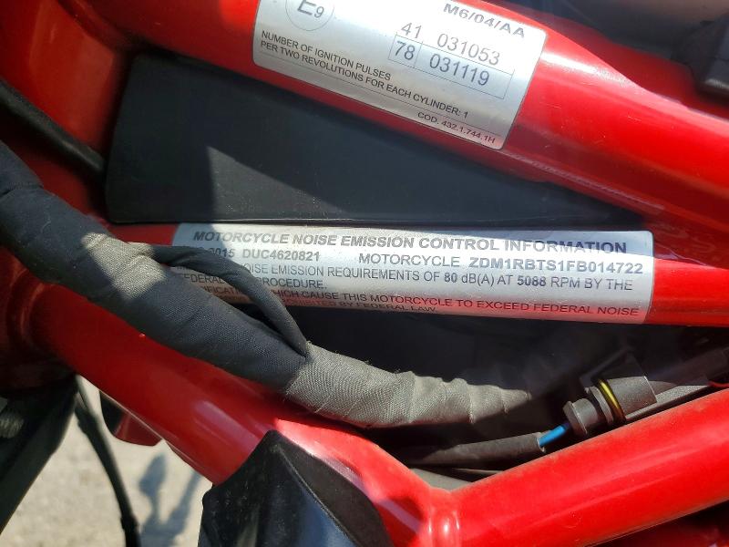 2015 Ducati Monster VIN ZDM1RBTS1FB014722 COPART salvage auction — FRONT END, Qc - Gravement Accidente, sold $1,150 on 2026-08-18 (photo 9)
