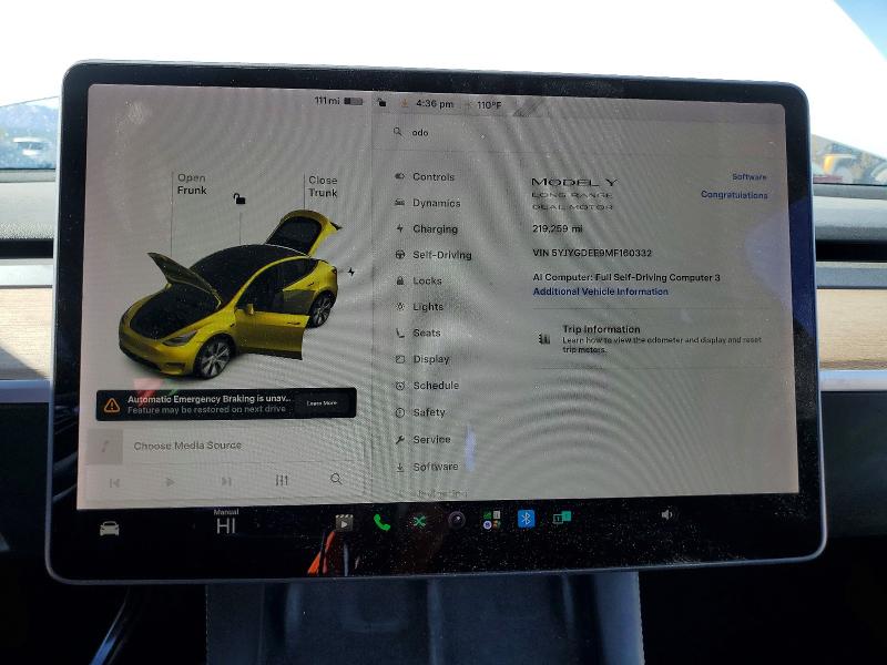 2021 Tesla Model y VIN 5YJYGDEE9MF160332 COPART salvage auction — SIDE, Nv - Salvage Title, sold $150 on 2026-07-21 (photo 9)