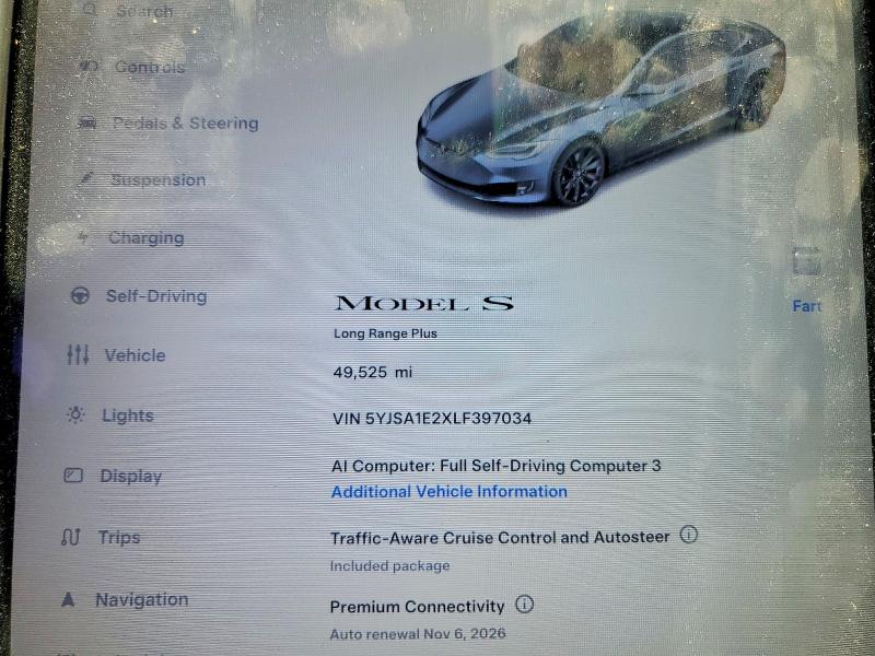2020 Tesla Model s VIN 5YJSA1E2XLF397034 COPART salvage auction — FRONT END, Ca - Salvage Certificate, sold $12,500 on 2026-09-03 (photo 9)
