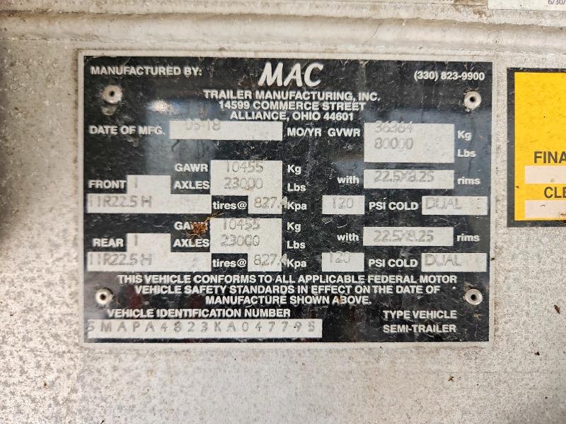 2019 Mac Flatbed VIN 5MAPA4823KA047795 COPART salvage auction — FRONT END, WI - JUNKED VEHICLE BILL OF SALE, sold $3,350 on 2026-08-13 (photo 9)