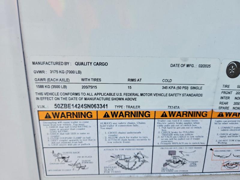 2025 Quality cargo Unknown VIN 50ZBE1424SN063341 COPART salvage auction — MINOR DENT/SCRATCHES, TN - CERTIFICATE OF TITLE (P), sold $2,000 on 2026-09-08 (photo 8)