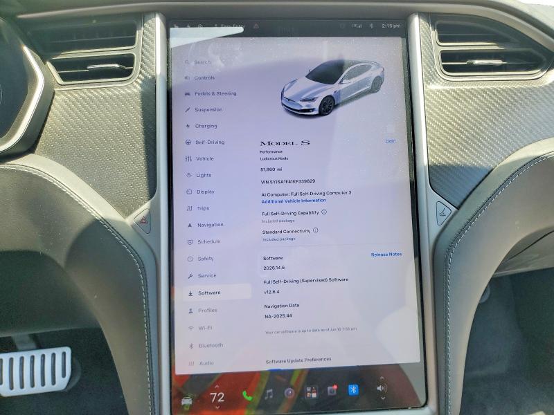 2019 Tesla Model s VIN 5YJSA1E41KF339829 COPART salvage auction — REAR END, Ca - Salvage Certificate, sold $9,100 on 2026-08-31 (photo 9)
