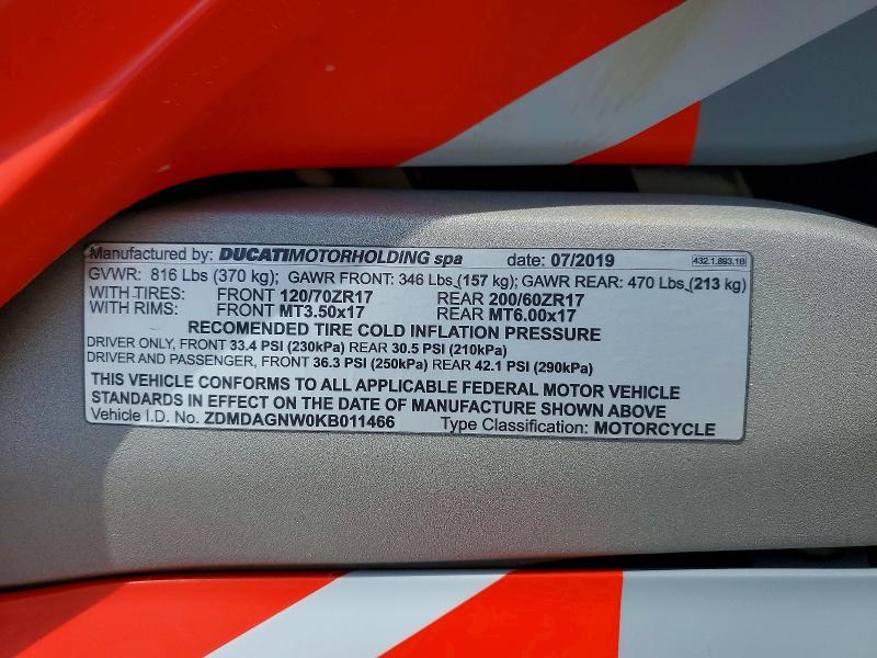 2019 Ducati Panigale VIN ZDMDAGNW0KB011466 COPART salvage auction — ALL OVER, ID - SALVAGE CERTIFICATE OF TITLE, sold $15,700 on 2026-07-28 (photo 9)