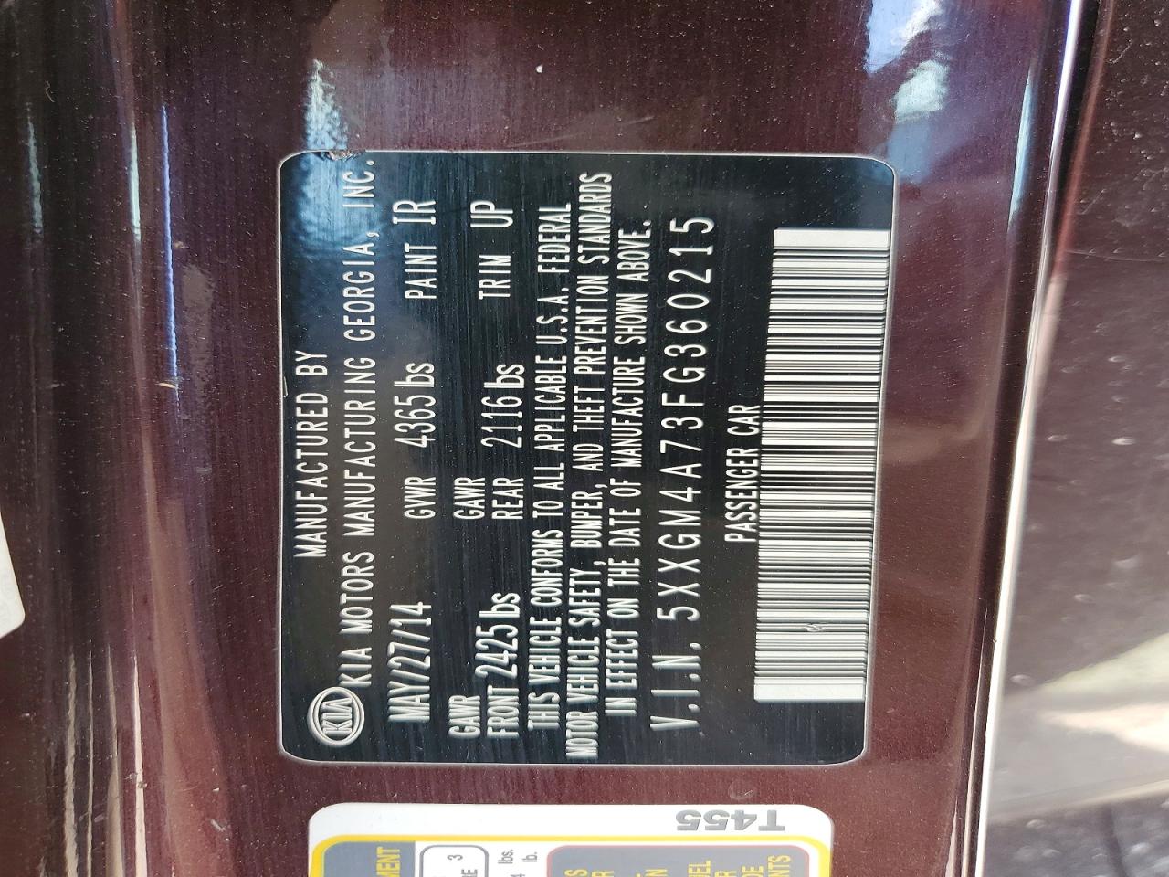 2015 Kia Optima VIN 5XXGM4A73FG360215 COPART salvage auction — NORMAL WEAR, Tx - Cert Of Title-Rebuilt Salvage, sold $775 on 2026-07-28 (photo 8)