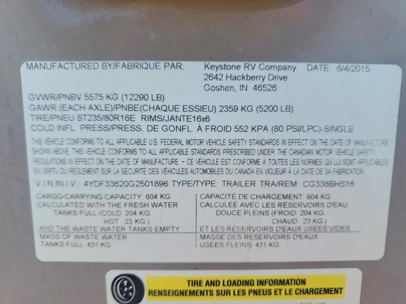 2016 Keystone Cougar VIN 4YDF33620G2501896 COPART salvage auction — WATER/FLOOD, CA - SALVAGE CERTIFICATE, sold $9,300 on 2026-09-11 (photo 9)