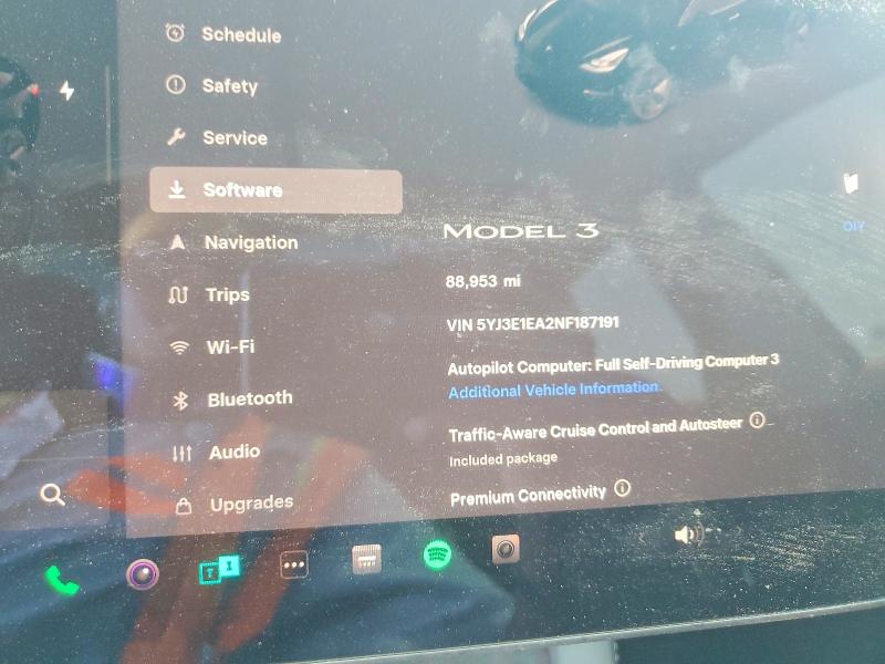 2022 Tesla Model 3 VIN 5YJ3E1EA2NF187191 COPART salvage auction — FRONT END, Fl - Certificate Of Title (P), sold $9,300 on 2026-09-01 (photo 9)