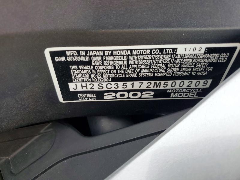 2002 Honda Cbr1100 VIN JH2SC35172M500209 COPART salvage auction — MINOR DENT/SCRATCHES, AZ - CERTIFICATE OF TITLE, sold $300 on 2026-07-30 (photo 9)