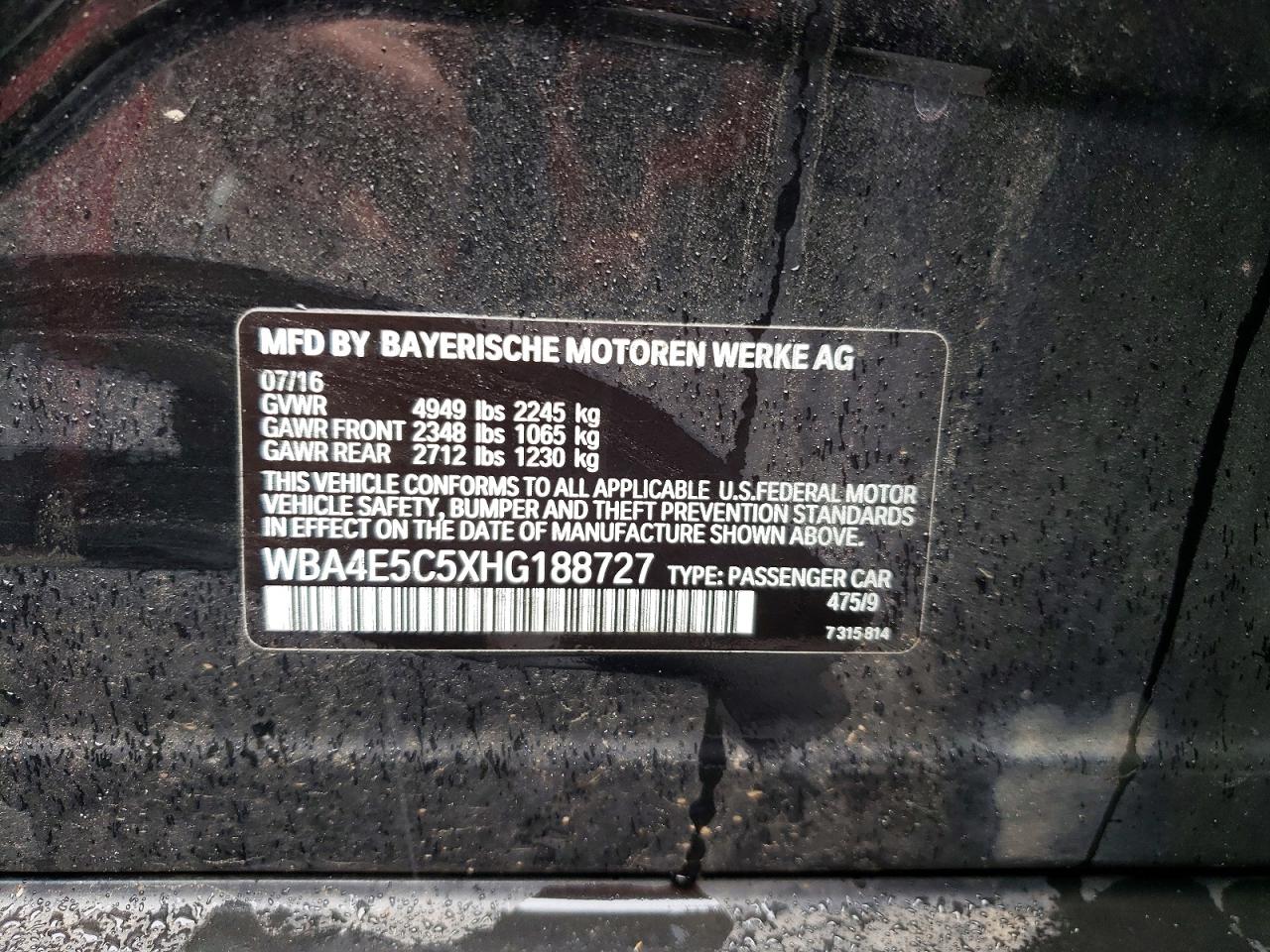2017 BMW VIN WBA4E5C5XHG188727 COPART salvage auction — SIDE, Ct - Cert Of Title-Salvage, sold $4,050 on 2026-08-07 (photo 5)