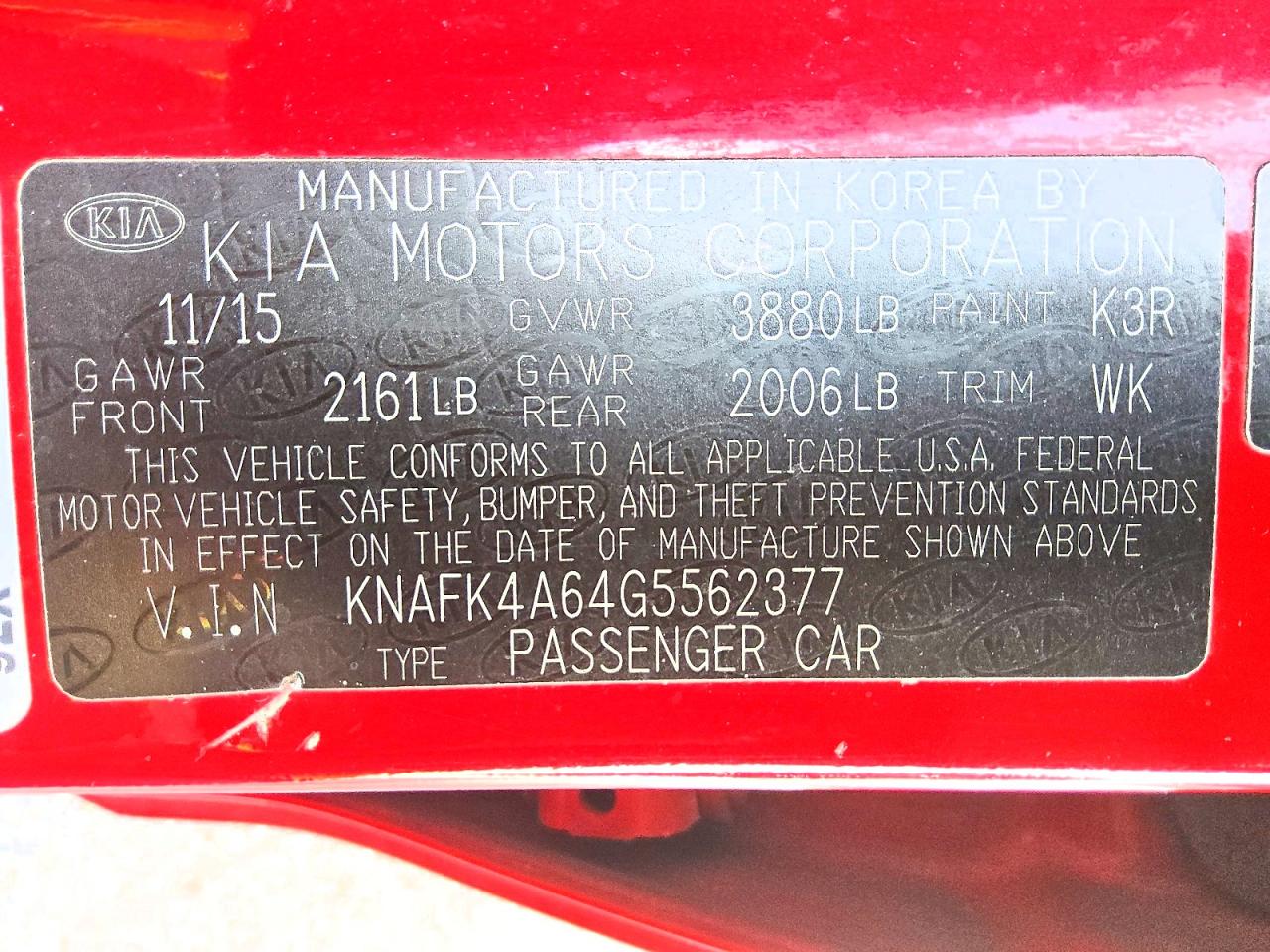 2016 Kia Forte VIN KNAFK4A64G5562377 COPART salvage auction — MECHANICAL, Salvage Title, sold $525 on 2026-07-23 (photo 5)