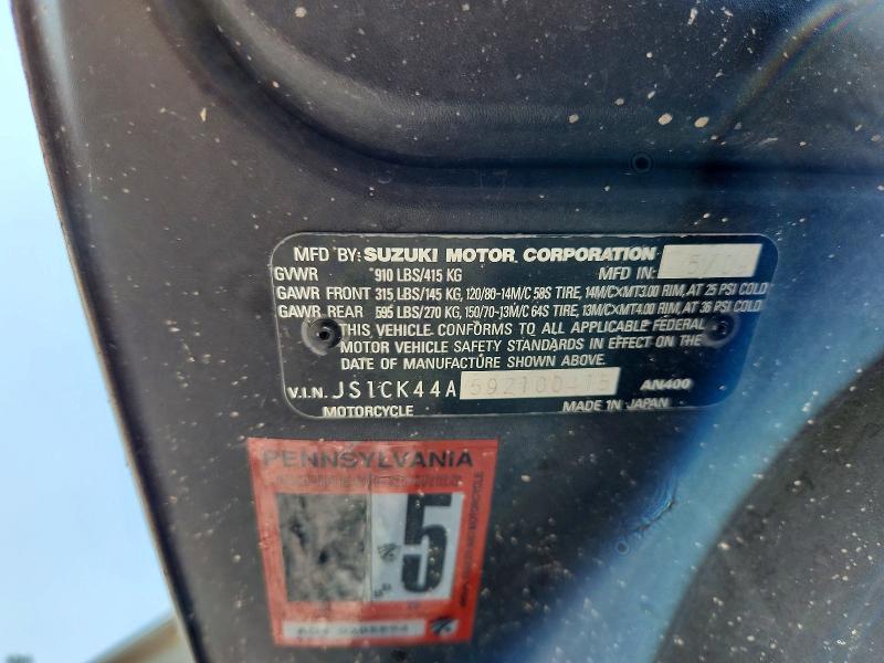 2009 Suzuki An400 VIN JS1CK44A592100415 COPART salvage auction — FRONT END, Pa - Certificate Of Salvage, sold $125 on 2026-07-30 (photo 9)
