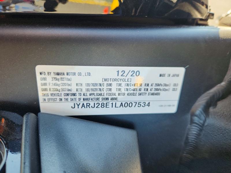2020 Yamaha Yzf VIN JYARJ28E1LA007534 COPART salvage auction — SIDE, NY - MV-907A SALVAGE CERTIFICATE, sold $4,450 on 2026-07-23 (photo 9)