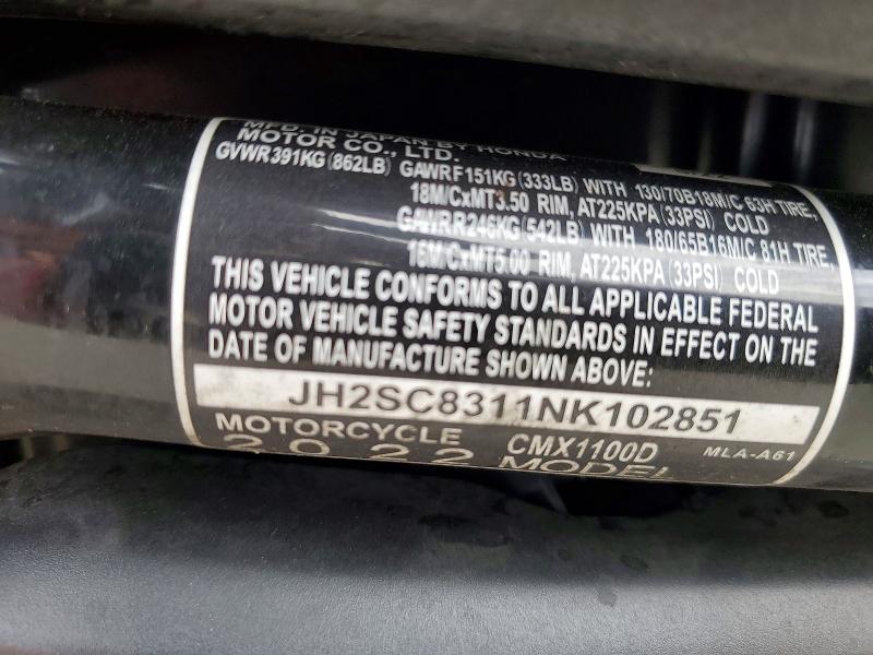 2022 Honda Cm VIN JH2SC8311NK102851 COPART salvage auction — SIDE, Ca - Salvage Certificate, sold $1,600 on 2026-07-16 (photo 9)