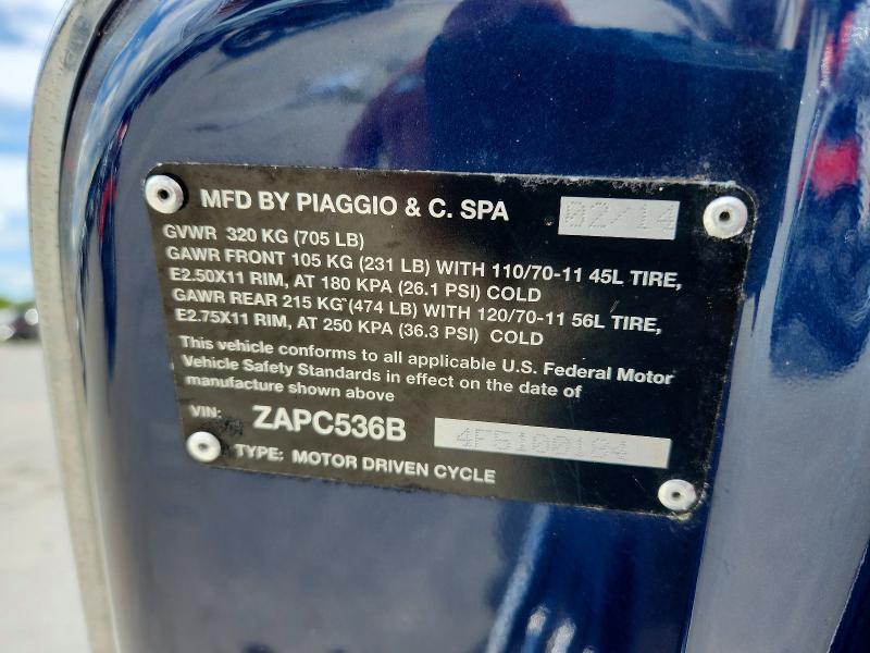 2015 Vespa Primavera VIN ZAPC536B4F5100184 COPART salvage auction — MINOR DENT/SCRATCHES, Fl - Certificate Of Title, sold $375 on 2026-07-27 (photo 9)