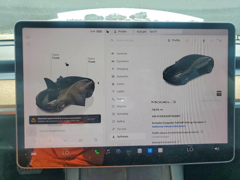 2023 Tesla Model 3 VIN 5YJ3E1EA0PF456887 COPART salvage auction — FRONT END, FL - CERTIFICATE OF TITLE, sold $4,650 on 2026-07-27 (photo 9)