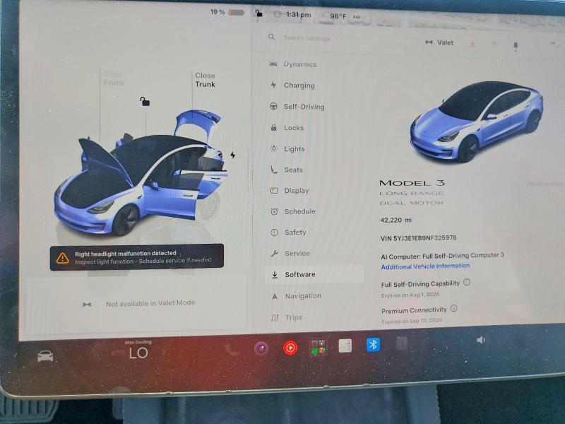2022 Tesla Model 3 VIN 5YJ3E1EB9NF325978 COPART salvage auction — FRONT END, Ca - Salvage Certificate, sold $8,400 on 2026-09-01 (photo 9)
