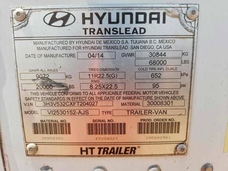 2015 Hyun Trailer VIN 3H3V532CXFT204027 COPART salvage auction — NORMAL WEAR, AZ - CERT OF TITLE - SALVAGE, sold $4,800 on 2026-08-13 (photo 9)