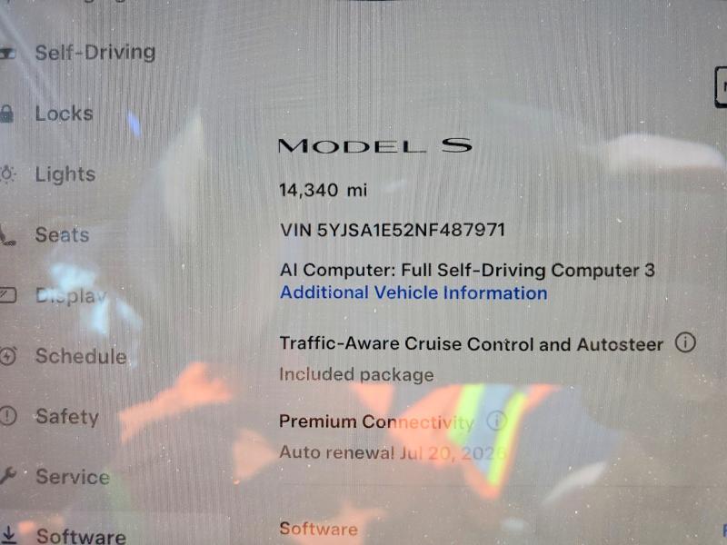 2022 Tesla Model s VIN 5YJSA1E52NF487971 COPART salvage auction — FRONT END, Co - Public - Salvage Title, sold $9,100 on 2026-08-04 (photo 9)