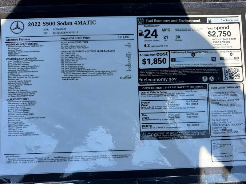 2022 Mercedes-benz S class VIN W1K6G6DB5NA073313 COPART salvage auction — MINOR DENT/SCRATCHES, FL - CERTIFICATE OF TITLE (P), sold $42,750 on 2026-07-30 (photo 9)