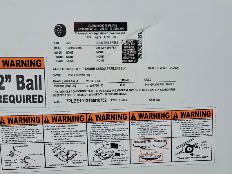 2026 Titanium cargo Trailers VIN 7PLBE1013TM016762 COPART salvage auction — MINOR DENT/SCRATCHES, TN - CERTIFICATE OF TITLE (P), sold $525 on 2026-09-22 (photo 8)