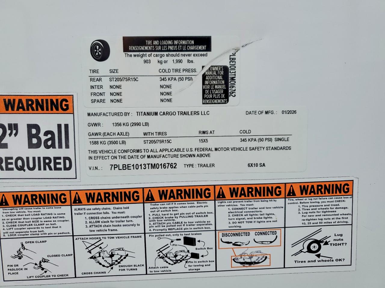 2026 Titanium cargo Trailers VIN 7PLBE1013TM016762 COPART salvage auction — Minor Dent/Scratches, TN - CERTIFICATE OF TITLE (P), sold $525 on 2026-09-15 (photo 8)