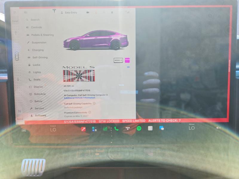 2022 Tesla Model s VIN 5YJSA1E68NF477518 COPART salvage auction — FRONT END, Fl - Cert Of Title Slvg Rebuildable, sold $20,200 on 2026-07-30 (photo 9)