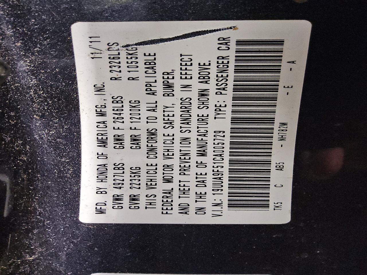 2012 Acura Tl VIN 19UUA9F51CA005729 COPART salvage auction — MECHANICAL, IL - CERTIFICATE OF TITLE, sold $275 on 2026-07-26 (photo 5)