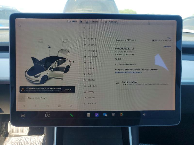 2019 Tesla Model 3 VIN 5YJ3E1EB6KF421577 COPART salvage auction — FRONT END, Ca - Salvage Certificate, sold $5,400 on 2026-07-09 (photo 9)