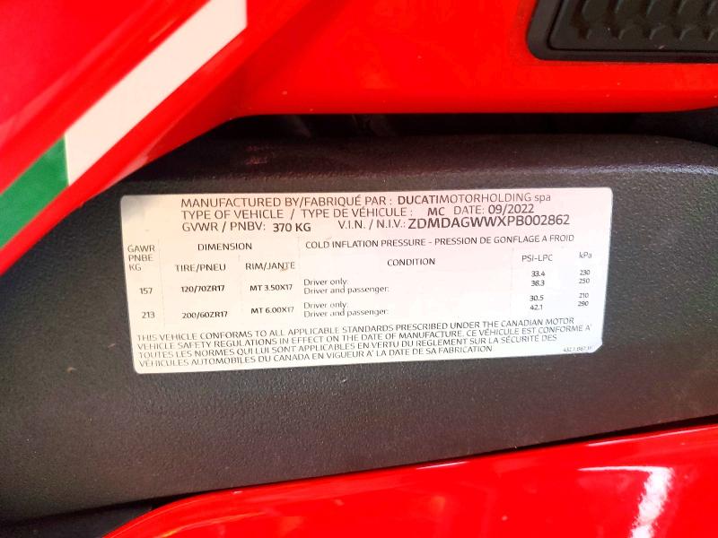 2023 Ducati Panigale VIN ZDMDAGWWXPB002862 COPART salvage auction — FRONT END, ON - PERMIT IRREPAIRABLE, sold $6,600 on 2026-08-13 (photo 9)