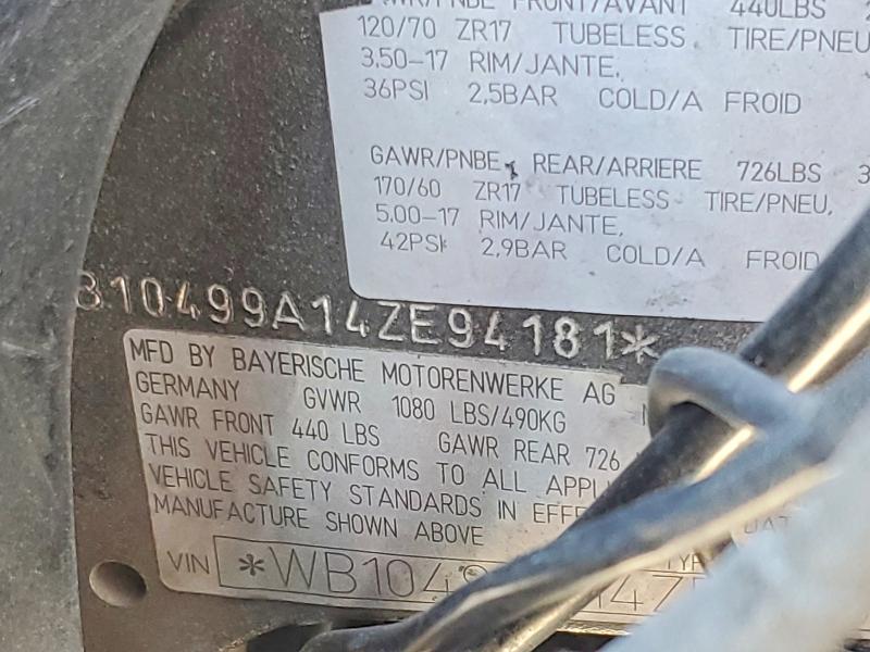 2004 BMW R 1150 VIN WB10499A14ZE94181 COPART salvage auction — FRONT END, Ca - Salvage Certificate, sold $10 on 2026-07-23 (photo 9)