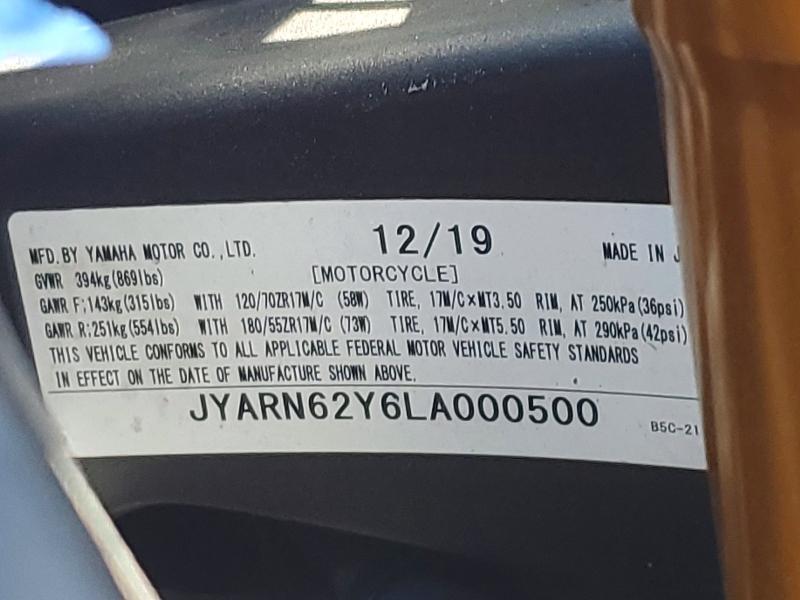 2020 Yamaha VIN JYARN62Y6LA000500 COPART salvage auction — FRONT END, Ca - Salvage Certificate, sold $1,550 on 2026-07-30 (photo 9)