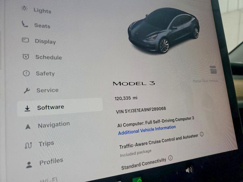 2022 Tesla Model 3 VIN 5YJ3E1EA9NF289068 COPART salvage auction — FRONT END, FL - CERTIFICATE OF TITLE, sold $7,400 on 2026-07-20 (photo 9)