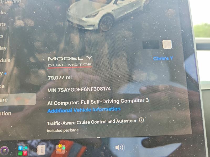 2022 Tesla Model y VIN 7SAYGDEF6NF308174 COPART salvage auction — MINOR DENT/SCRATCHES, Ny - Certificate Of Title (P), sold $12,700 on 2026-07-28 (photo 9)
