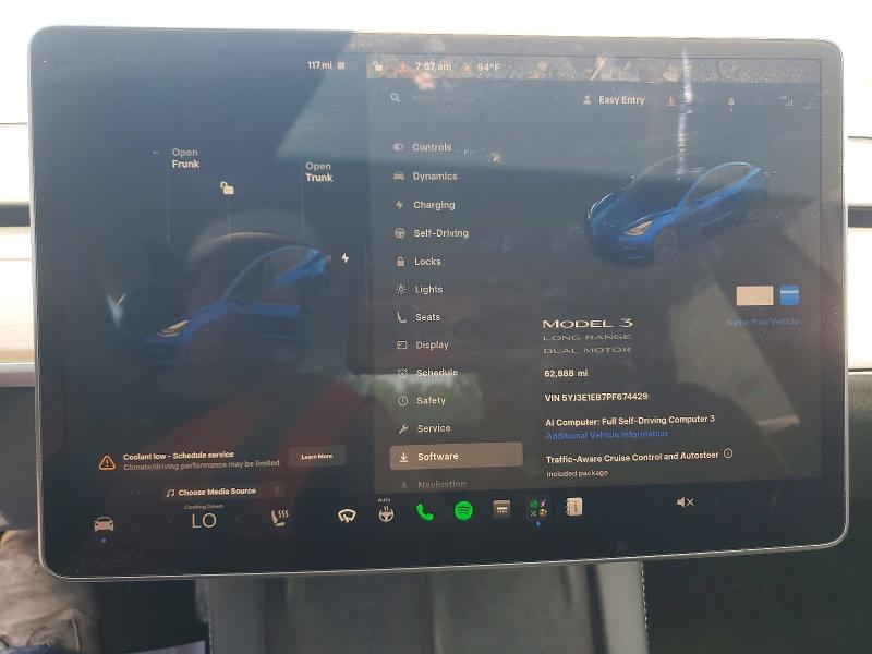 2023 Tesla Model 3 VIN 5YJ3E1EB7PF674429 COPART salvage auction — FRONT END, Salvage Title, sold $9,000 on 2026-07-20 (photo 9)
