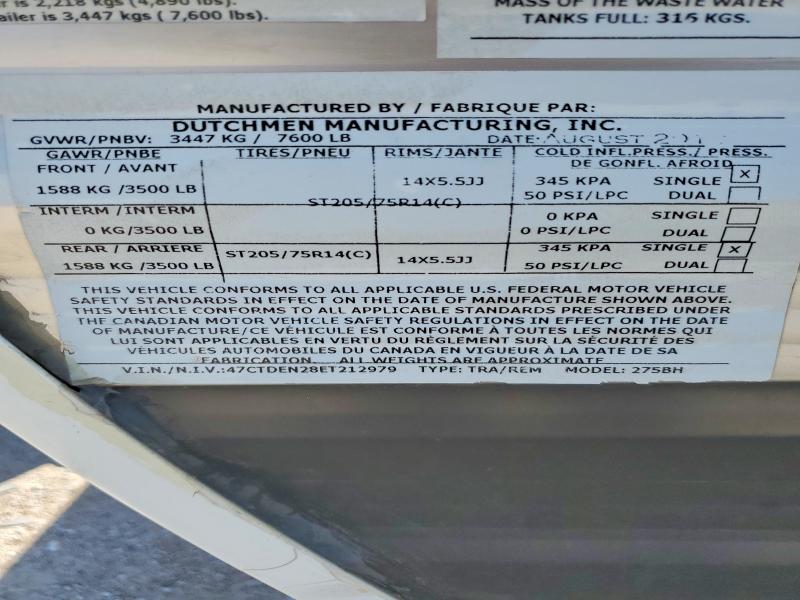 2014 Dutchmen Camper VIN 47CTDEN28ET212979 COPART salvage auction — HAIL, NE - CERT OF TITLE-SALVAGE, sold $350 on 2026-07-30 (photo 8)